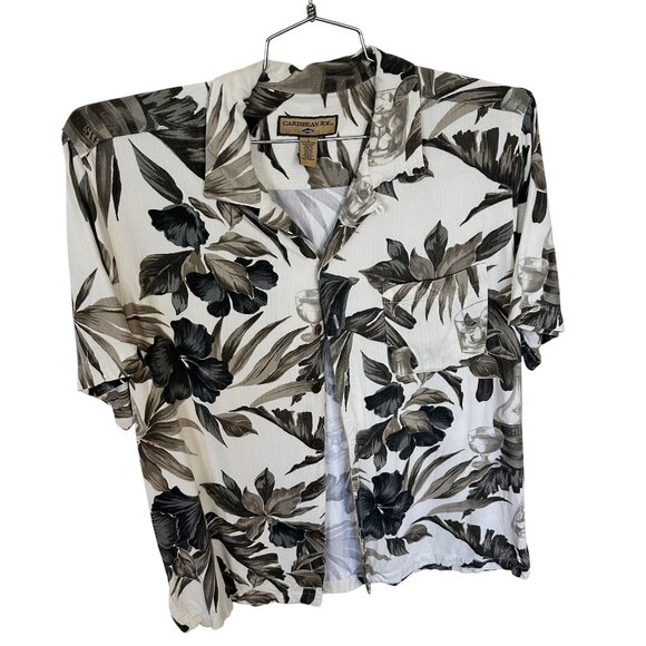 Caribbean Joe Mens Hawaiian Shirt Medium Tropical Print Button Down Rayon - Picture 1 of 4
